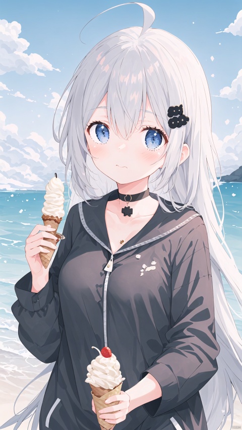 1girl, solo, long hair, breasts, looking at viewer, bangs, blue eyes, shirt, hair ornament, long sleeves, holding, hair between eyes, closed mouth, jacket, upper body, ahoge, grey hair, outdoors, food, choker, black shirt, black choker, holding food, ice cream