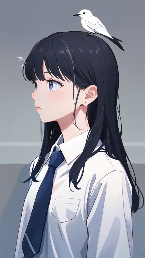 1girl, bird, solo, shirt, necktie, black necktie, white shirt, collared shirt, profile, long hair, upper body, black hair