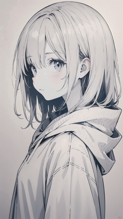 1girl, solo, blush, looking at viewer, monochrome, closed mouth, long hair, from side, simple background, spot color, hood, upper body, looking to the side