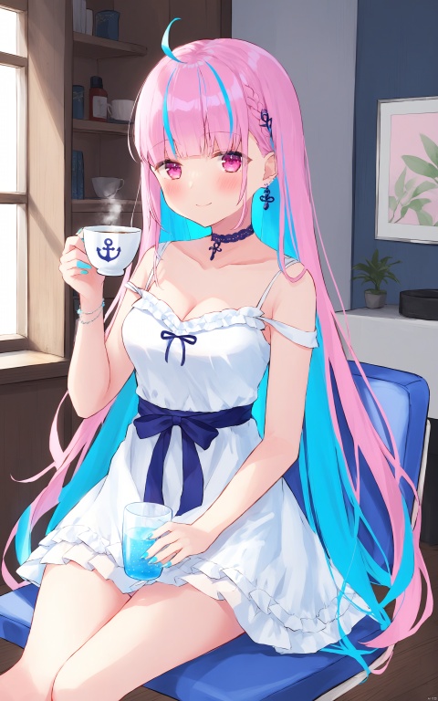 1girl, minato aqua, long hair, virtual youtuber, multicolored hair, sitting, solo, strap slip, breasts, colored inner hair, dress, chair, two-tone hair, cup, choker, looking at viewer, white dress, blue hair, pink hair, indoors, blush, ahoge, bangs, pink eyes, smile, nail polish, window, blue nails, holding, streaked hair, holding cup, very long hair, medium breasts, closed mouth, thighs, jewelry, earrings, hair down, cleavage, feet out of frame