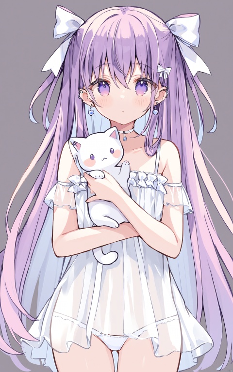  (masterpiece),(best quality)1girl, solo, dress, purple hair, panties, underwear, long hair, white background, looking at viewer, white dress, bare shoulders, bow, see-through, hair bow, piercing, holding animal, simple background, blush, white panties, cat, animal, bangs, ear piercing, white bow, collarbone, hair between eyes, very long hair, purple eyes, jewelry, closed mouth, holding, two side up