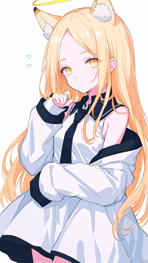 1girl, solo, animal ears, halo, dress, white dress, detached sleeves, long hair, parted bangs, looking at viewer, sleeveless, forehead, fox ears, bangs, sleeveless dress, yellow eyes, sleeves past wrists, blonde hair, sleeves past fingers, necktie, very long hair, bow