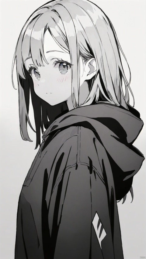 1girl, solo, blush, looking at viewer, monochrome, closed mouth, long hair, from side, simple background, spot color, hood, upper body, looking to the side