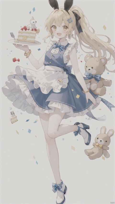  1girl, solo, long hair, blush, smile, open mouth, skirt, blonde hair, simple background, shirt, hair ornament, white background, bow, ribbon, holding, brown eyes, jewelry, standing, full body, hair ribbon, yellow eyes, white shirt, ponytail, flower, :d, hair bow, earrings, frills, food, shoes, sleeveless, bowtie, apron, high heels, bracelet, blue skirt, sleeveless shirt, fruit, blue bow, stuffed toy, leg up, white footwear, standing on one leg, stuffed animal, frilled skirt, cake, teddy bear, rabbit, spoon, fork, stuffed bunny, confetti, string of flags, pennant