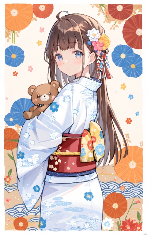  (masterpiece),(best quality)1girl, solo, japanese clothes, blue eyes, hair ornament, stuffed animal, sash, brown hair, kimono, stuffed toy, obi, looking at viewer, hair flower, long hair, teddy bear, flower, wide sleeves, bangs, blush, ahoge, long sleeves, floral print, white kimono, braid