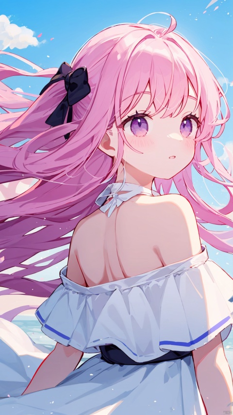  (best quality), ((masterpiece)), 1girl, solo, long hair, dress, bare shoulders, purple eyes, collarbone, upper body, pink hair, parted lips, off shoulder, white dress, floating hair, looking away, wind