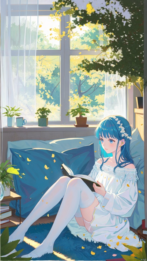 1girl, solo, thighhighs, book, blue hair, blue eyes, long hair, cup, looking at viewer, holding, curtains, window, hair ornament, white thighhighs, sitting, indoors, bangs, tree, white dress, book stack, petals, knees up, pillow, dress, plant, earphones, potted plant