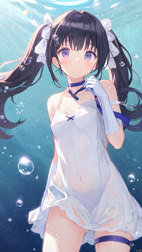  (masterpiece),(best quality)1girl, solo, long hair, bare shoulders, purple eyes, sleeveless dress, dress, parted lips, looking at viewer, sleeveless, gloves, white gloves, white dress, twintails, no panties, low twintails, breasts, cowboy shot, bubble, very long hair, small breasts, ribbon, groin, floating hair, bare arms, wings, blush, hair ribbon, hand up, air bubble