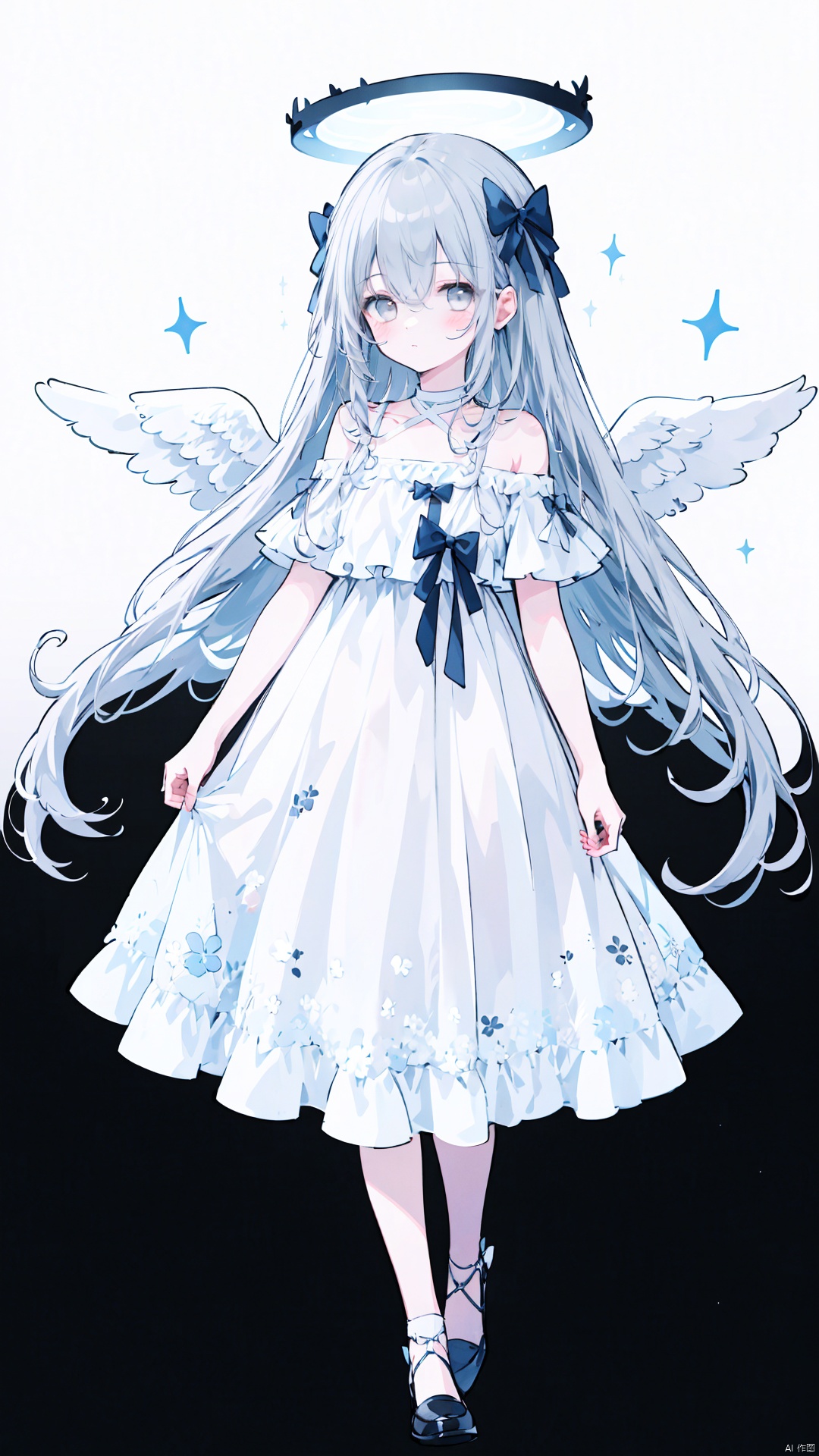 1girl, white background, solo, white dress, dress, white wings, halo, wings, crescent, feathered wings, full body, bangs, long hair, simple background, grey eyes, shoes, bow, grey hair, very long hair, puffy sleeves, blush, looking at viewer, bare shoulders, standing, hair bow, hair between eyes, off shoulder