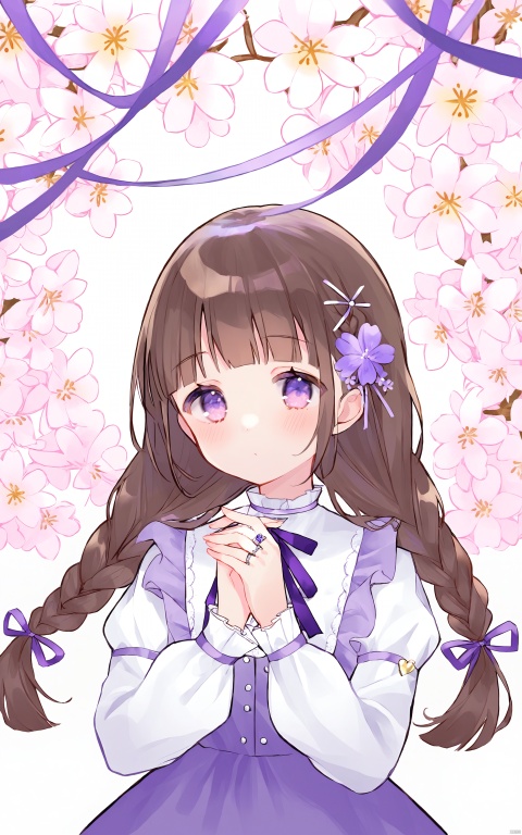 1girl, solo, flower, hair flower, braid, hair ornament, twin braids, long hair, purple eyes, long sleeves, ribbon, upper body, bangs, looking at viewer, dress, hair ribbon, brown hair, ring, puffy sleeves, simple background, purple ribbon, blunt bangs, closed mouth, jewelry, own hands together, twintails, blush, white dress