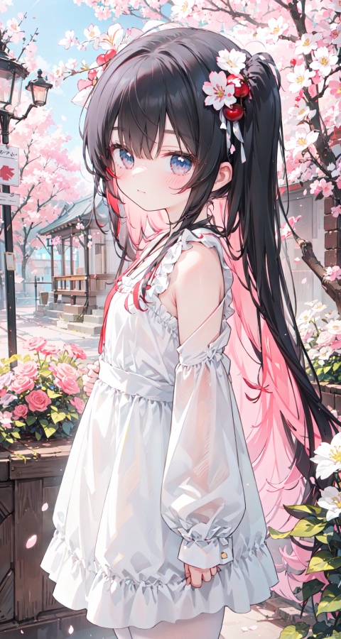 The image features a beautiful anime girl dressed in a flowing white and red dress, standing amidst a flurry of red cherry blossoms. The contrast between her white dress and the red flowers creates a striking visual effect. The lighting in the image is well-balanced, casting a warm glow on the girl and the surrounding flowers. The colors are vibrant and vivid, with the red cherry blossoms standing out against the white sky. The overall style of the image is dreamy and romantic, perfect for a piece of anime artwork. The quality of the image is excellent, with clear details and sharp focus. The girl's dress and the flowers are well-defined, and the background is evenly lit, without any harsh shadows or glare. From a technical standpoint, the image is well-composed, with the girl standing in the center of the frame, surrounded by the blossoms. The use of negative space in the background helps to draw the viewer's attention to the girl and the flowers. The cherry blossoms, often associated with transience and beauty, further reinforce this theme. The girl, lost in her thoughts, seems to be contemplating the fleeting nature of beauty and the passage of time. Overall, this is an impressive image that showcases the photographer's skill in capturing the essence of a scene, as well as their ability to create a compelling narrative through their art.catgirl,loli, white pantyhose