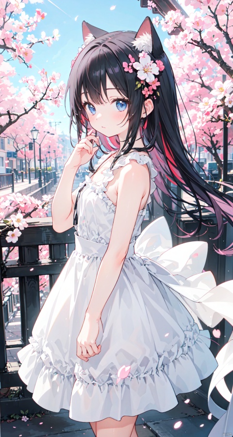 The image features a beautiful anime girl dressed in a flowing white and red dress, standing amidst a flurry of red cherry blossoms. The contrast between her white dress and the red flowers creates a striking visual effect. The lighting in the image is well-balanced, casting a warm glow on the girl and the surrounding flowers. The colors are vibrant and vivid, with the red cherry blossoms standing out against the white sky. The overall style of the image is dreamy and romantic, perfect for a piece of anime artwork. The quality of the image is excellent, with clear details and sharp focus. The girl's dress and the flowers are well-defined, and the background is evenly lit, without any harsh shadows or glare. From a technical standpoint, the image is well-composed, with the girl standing in the center of the frame, surrounded by the blossoms. The use of negative space in the background helps to draw the viewer's attention to the girl and the flowers. The cherry blossoms, often associated with transience and beauty, further reinforce this theme. The girl, lost in her thoughts, seems to be contemplating the fleeting nature of beauty and the passage of time. Overall, this is an impressive image that showcases the photographer's skill in capturing the essence of a scene, as well as their ability to create a compelling narrative through their art.catgirl,loli,