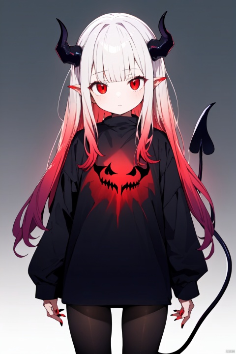 1girl, bangs, blunt_bangs, demon_girl, demon_horns, demon_tail, gradient, gradient_background, horns, long_hair, long_sleeves, looking_at_viewer, pantyhose, red_nails, shirt, solo, tail