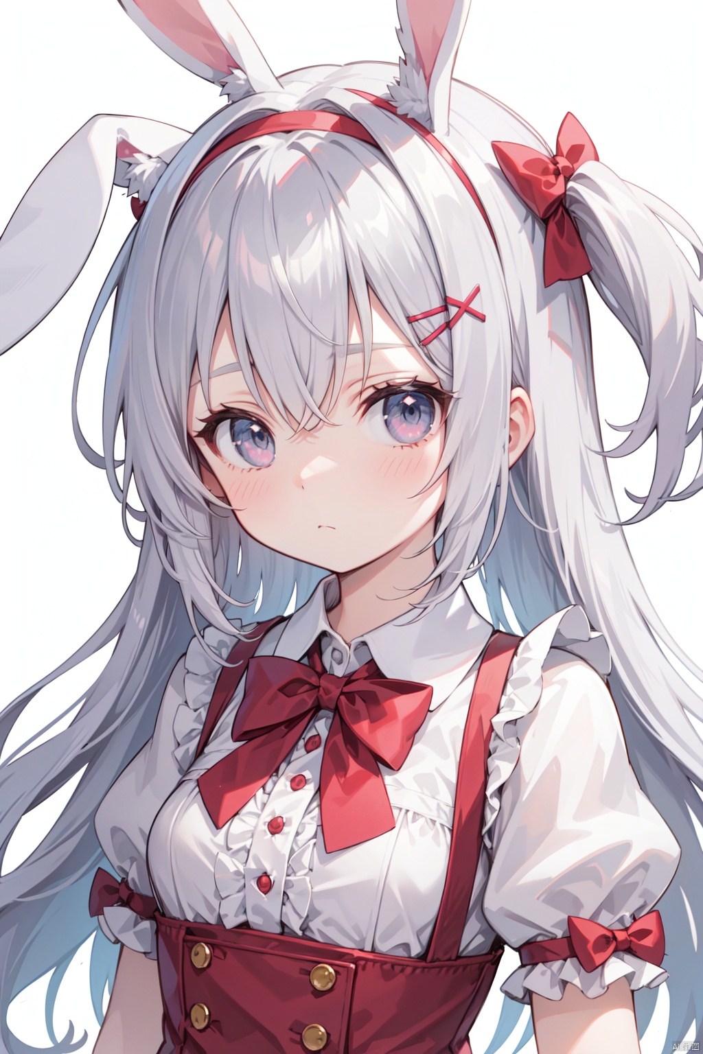  loli,petite,1girl, solo, bow, upper_body, long_hair, short_sleeves, hair_ornament, red_bow, rabbit_ears, puffy_sleeves, puffy_short_sleeves, animal_ears, hand_up, hairclip, breasts, looking_at_viewer, closed_mouth, center_frills, bangs, x_hair_ornament, simple_background, white_background, grey_hair, shirt, :<, hair_bow, bowtie, frills, pink_dress, hairband, white_shirt, collared_shirt, grey_eyes, two_side_up, red_bowtie