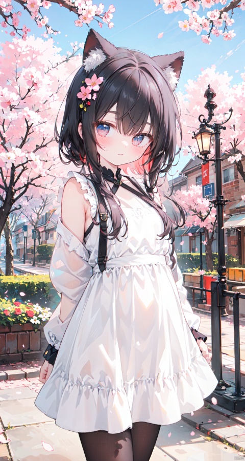 The image features a beautiful anime girl dressed in a flowing white and red dress, standing amidst a flurry of red cherry blossoms. The contrast between her white dress and the red flowers creates a striking visual effect. The lighting in the image is well-balanced, casting a warm glow on the girl and the surrounding flowers. The colors are vibrant and vivid, with the red cherry blossoms standing out against the white sky. The overall style of the image is dreamy and romantic, perfect for a piece of anime artwork. The quality of the image is excellent, with clear details and sharp focus. The girl's dress and the flowers are well-defined, and the background is evenly lit, without any harsh shadows or glare. From a technical standpoint, the image is well-composed, with the girl standing in the center of the frame, surrounded by the blossoms. The use of negative space in the background helps to draw the viewer's attention to the girl and the flowers. The cherry blossoms, often associated with transience and beauty, further reinforce this theme. The girl, lost in her thoughts, seems to be contemplating the fleeting nature of beauty and the passage of time. Overall, this is an impressive image that showcases the photographer's skill in capturing the essence of a scene, as well as their ability to create a compelling narrative through their art.catgirl,loli, white pantyhose