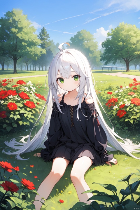 (masterpiece, best quality),1 girl with long white hair sitting in a field of green plants and red flowers,skinny, ahoge,medium hair,