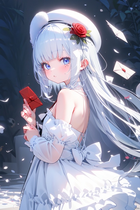  1girl, solo, mole_under_eye, flower, long_hair, blue_eyes, hat, looking_at_viewer, dress, hair_ornament, bangs, mole, detached_sleeves, holding_envelope, blue_dress, frilled_dress, holding, blush, envelope, frills, letter, white_hair, long_sleeves, rose, bow, hair_flower, red_flower, white_flower, holding_letter, parted_lips, bare_shoulders, from_side
