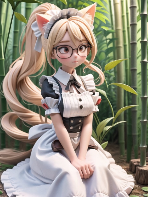 1girl,bush, day, (best quality), illustration, ultra detailed, hdr, Depth of field, Rich colors,  forest,watercolor senery,flower,bamboo,long hair,leaf,Holding a cute fork ,blonde,Double ponytail,Wear glasses,Maid attire,Sitting on a huge pocket watch,Cat ear,