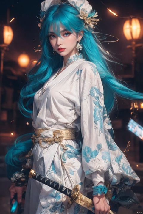  ((minimalist style)), High detailed, masterpiece, ((Front wheel empty light)), 1 girl, solo, (Female Focus), aqua eyes, multicolored eyes, ((Eye highlight)), ((Red glossy lip gloss)), Earrings, bangs, long hair, Hair ornaments, kimono, Printing, Medium chest, ((5 fingers)), ((1 handful Katana/hilt/Blade/)), ((Motion delay light、light painting)), ((Motion delay light| White light painting)), fine gloss, (Desert background), Film and television style, reflection light, motion blur, Depth of field, sparkle, Surrealism, Conceptual art, glowing light, anaglyph, UHD, 8K, best quality, textured skin, 1080P, ccurate, retina, [(white background:1.5)::5]