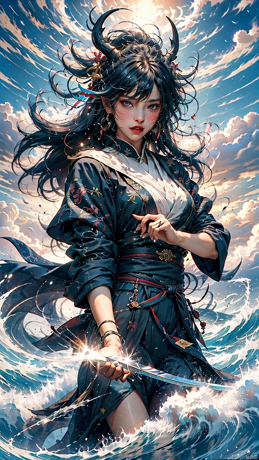 1Girl, (Head Up) (Positive Light) Female Focus, (Long Hair) Lightness Skill, Imperial Sword (Straight Sword) (Thunderbolt and Whirlwind)
Red lips, bangs, earrings, kimono, Chinese cardigan, print, tassels, with a dragon background,
Chinese architecture, shrouded in clouds and mist, with ethereal aura and Taoist runes