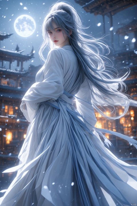  High detailed, masterpiece, Cowboy lens, A girl, solo, female focus:1.4, bangs, Medium chest, Gray hair: 1.4, long hair, White kimono, Hold a sword, Scabbard, Blue splash ink, Blue energy vortex, Blue light painting, fine gloss, Architecture, Ancient Chinese architecture, Night：1.3, Starry sky, Full moon, Film and television style, ray tracing, motion blur, Depth of field, sparkle, Surrealism, Conceptual art, reflection light, UHD, 8K, best quality, textured skin, 1080P, ccurate