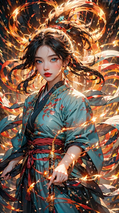 1 girl, (looking up) (positive light) (blue eyes), female focus, (long hair) lightness skill, imperial sword (straight sword) (lightning whirlwind), red lips, bangs, earrings, kimono, Chinese cardigan, print, tassels,
Chinese architecture, energy flow, flame fluid, a huge red fox composed of flames, Taoist talisman, taoist