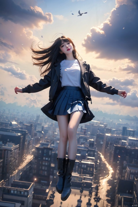  1girl, solo, Long hair, floating hair, looking at viewer, bangs, boots, pleated skirt, white shirt, jacket, long sleeves, shirt, open clothes, full body, Lie on your back, outstretched arms, Floating in the air, cloud, Falling position, Bird's-eye view, city, ray tracing, motion blur, Depth of field, sparkle, Surrealism, Conceptual art, reflection light, super detail, high details, ccurate, 1080P, HD, UHD, anatomically correct, 8k, JK, yunduan