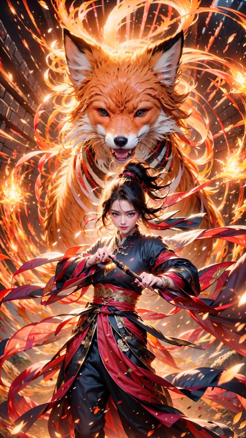 1 Girl, Ancient Chinese Hanfu, White Hair, Sword Holding, Long Sleeve, Dynamic Pose, Ancient Chinese Architecture, Giant Red Fox, Energy Storm, Watching Audience, Female Focus, Outdoors, Standing, Fox