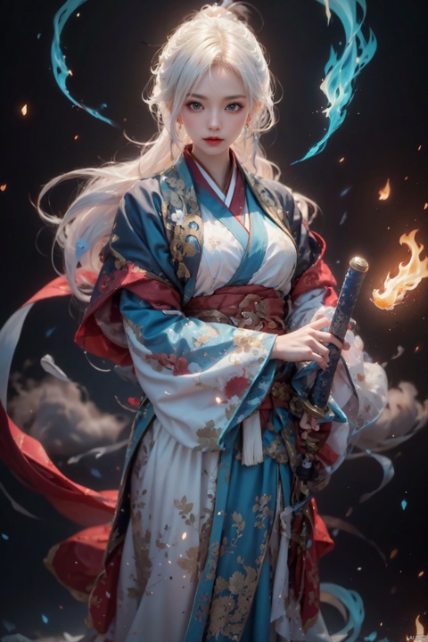  (Oriental Fairy Hero Style: 1.5,Taoist elements)/(Movie Style),
HDR, UHD, 8K, detailed, best quality,
1 Girl, Solo, (Female Focus: 1.6),(White hair), (High ponytail),
(Looking at the camera),
Delicate face, long hair
Elegant, aesthetic pose, sharp eyes, red lips, bangs, (Black clothing: 1.2), (Wide sleeved),wide sleeps, dress, kimono, hanfu, cardigan, print, tassel, (full body - blue white flame: 1.5).
（(Holding weapons,swords, blades, hilts, scabbard, out scabbards)).
(Motion Blur: 1.4), (Depth of Field: 1.5), (Ray Tracing Lighting: 1.3)
Fluttering Red Ribbon: 1.2, (Cloud and Mist Rollover: 1.5), (White Airflow Rotation: 1.5), (Black background), huliya, 1 girl, light master