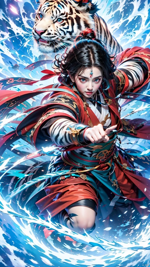 1 Girl, Ancient Chinese Hanfu, White Hair, Sword Holding, Long Sleeve, Dynamic Pose, Ancient Chinese Architecture, Giant White Tiger, Energy Storm, Watching Audience, Female Focus, Outdoors, Standing, Tiger