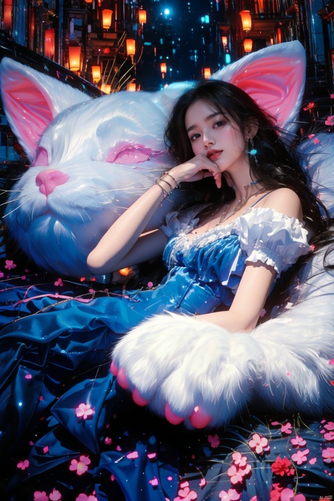 1girl, solo, long hair, looking at viewer, blue eyes, black hair, dress, bare shoulders, jewelry, sitting, short sleeves, earrings, parted lips, puffy sleeves, necklace, off shoulder, bracelet, lips, petals, blue dress, glowing, animal, cat, stairs