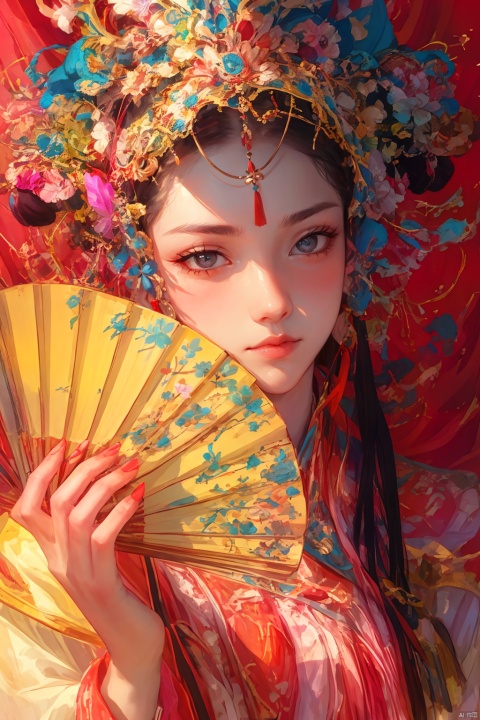 1girl, solo, long hair, looking at viewer, black hair, hair ornament, long sleeves, holding, jewelry, closed mouth, upper body, flower, earrings, indoors, hand up, hair flower, wide sleeves, nail polish, grey eyes, eyelashes, makeup, chinese clothes, lipstick, tassel, hand fan, red nails, eyeshadow, folding fan, red lips, hair stick, holding fan