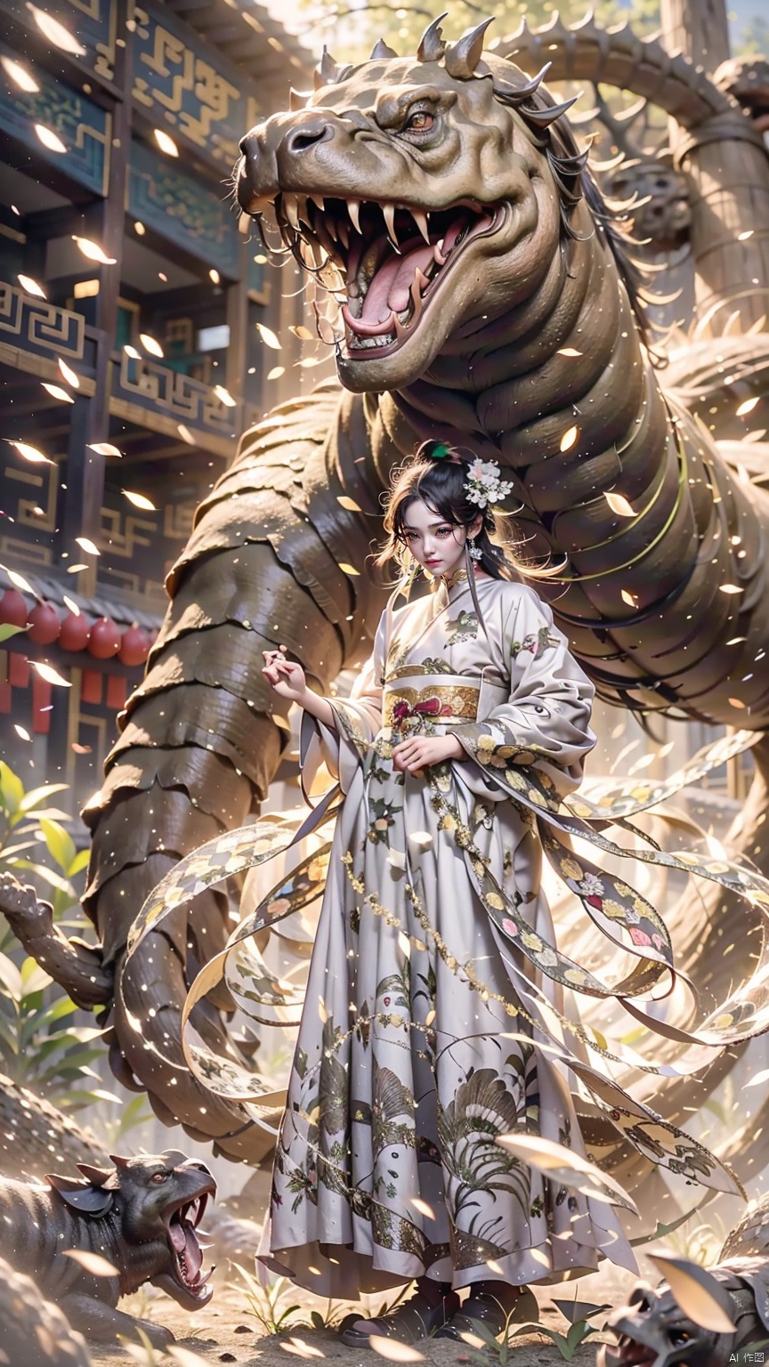 1 Girl, Ancient Chinese Hanfu, White Hair, Long Sleeve, Dynamic Pose, Ancient Chinese Architecture, Giant Snapping Turtle, Energy Storm, Watching Audience, Female Focus, Outdoors, Standing, Golden Snapping Turtle