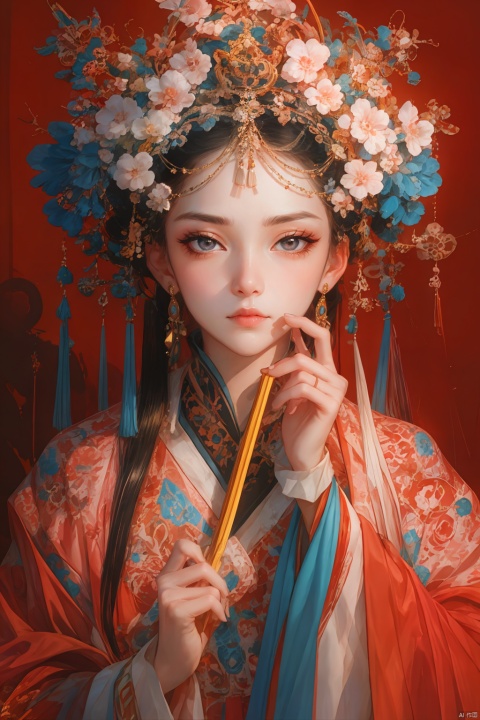 1girl, solo, long hair, looking at viewer, black hair, hair ornament, long sleeves, holding, jewelry, closed mouth, upper body, flower, earrings, indoors, hand up, hair flower, wide sleeves, nail polish, grey eyes, eyelashes, makeup, chinese clothes, lipstick, tassel, hand fan, red nails, eyeshadow, folding fan, red lips, hair stick, holding fan
