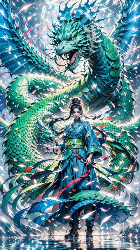  1 Girl, Ancient Chinese Hanfu, White Hair, Long Sleeve, Dynamic Pose, Ancient Chinese Architecture, Giant Green Dragon, Energy Storm, Watching Audience, Female Focus, Outdoors, Standing, Green Dragon