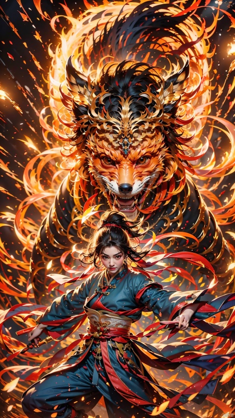  1 Girl, Ancient Chinese Hanfu, White Hair, Sword Holding, Long Sleeve, Dynamic Pose, Ancient Chinese Architecture, Giant Red Fox, Energy Storm, Watching Audience, Female Focus, Outdoors, Standing, Fox, dofas, Daofa Rune