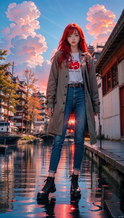 1 Girl, solo, red hair, blue eyes, glowing, glowing eyes,
Perfect body, pretty face with details, whole body, shoes, long eye browses, big, cut eyes, movie lights, Movie lights, strong contrast, high level of detail, best quality, masterpiece, white background, Chinese style, midjournal portal, lake surface, small boat, fallen leaves, autumn, military coat, sunset, sunset, sunset, red clouds, reflection,