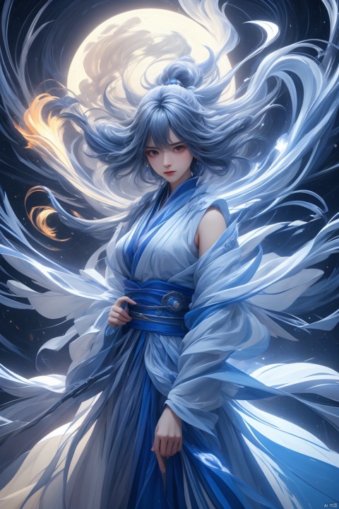  High detailed, masterpiece, Cowboy lens, A girl, solo, female focus:1.4, bangs, Medium chest, Gray hair: 1.4, long hair, White kimono, Hold a sword, Scabbard, Blue splash ink, Blue energy vortex, Blue light painting, fine gloss, Architecture, Oriental ancient architecture, Night：1.3, Starry sky, Full moon, Film and television style, ray tracing, motion blur, Depth of field, sparkle, Surrealism, Conceptual art, reflection light, UHD, 8K, best quality, textured skin, 1080P, ccurate