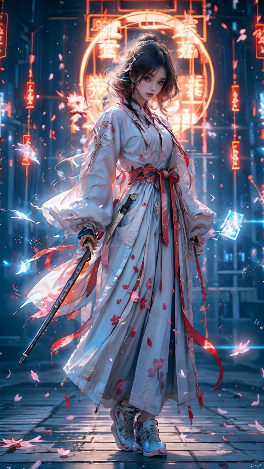  1 Girl, Blue Eyes, Pink Long Hair, Pink Armor, Chinese Armor, Pink Shawl, Athletic Pose, Night, Outdoors, Web Digital Lighting, Neon Lights, Web Colors, Cherry Blossoms, Petals, Reflective Floor, Splash, Ripples., Weapon Cards, Metal handmade