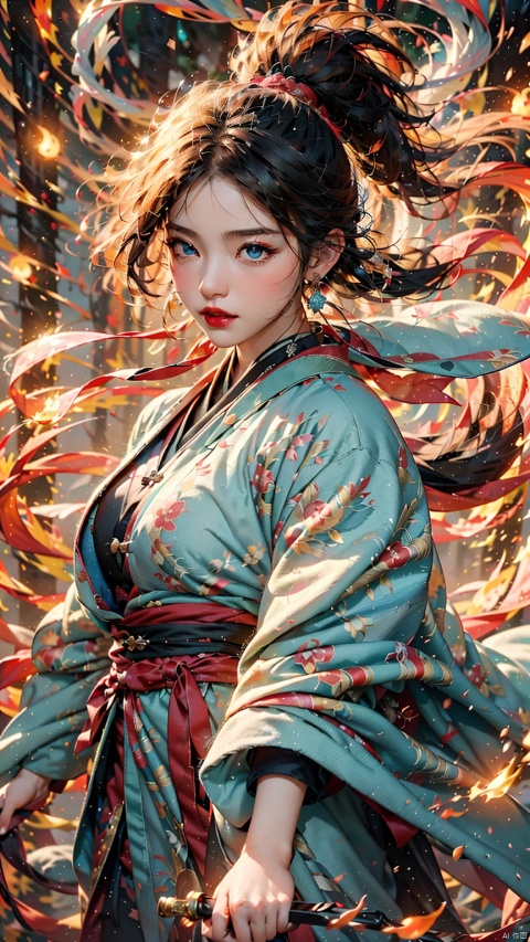 1 girl, (looking up) (positive light) (blue eyes), female focus, (long hair) lightness skill, imperial sword (straight sword) (lightning whirlwind), red lips, bangs, earrings, kimono, Chinese cardigan, print, tassels,
Chinese architecture, energy flow, flame fluid, a huge red fox composed of flames, Taoist talisman