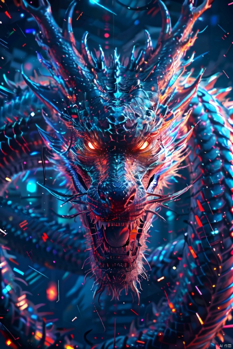  HDR, UHD, 8K, High detailed, best quality, masterpiece, (Cyber Theme) (Colorful, Neon Light) Chinese dragon - huge, (solo),(Side ：1.5), (Head Closeup：1.2),no humans,（ glowing scales：1.2）, sharp teeth,dragon horns, （ocean/wave), clouds, lightning,(Fuzzy Building 1.2)