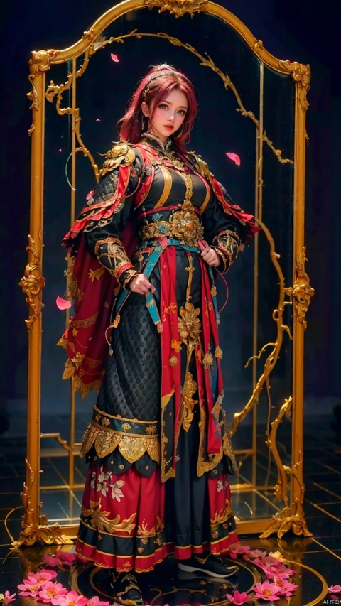  1 Girl, Blue Eyes, Long Pink Hair, Holding Weapon, Pink Armor, Chinese Armor, Pink Shawl, Athletic Pose, Night, Outdoors, Ancient Chinese Architecture, Networked Digital Lighting, Neon Lights, Networked Colors, Cherry Blossoms, Flower Petals, Reflective Floor, Standing Water, Splashing, Ripples, Broken Mirror.

(Masterpiece), (very detailed CG Unity 8K wallpaper), the best quality, high-resolution illustrations, stunning, highlights, (best lighting, best shadows, a very exquisite and beautiful), (enhanced)·