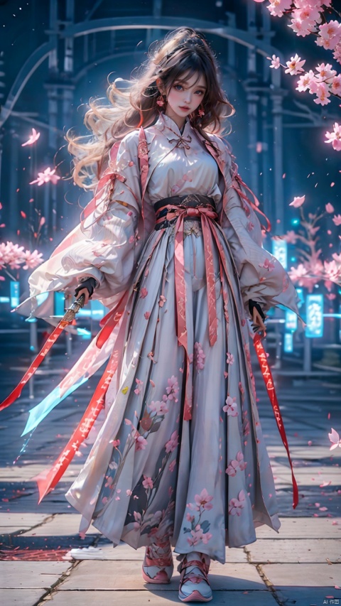  1 Girl, Blue Eyes, Pink Long Hair, Pink Armor, Chinese Armor, Pink Shawl, Athletic Pose, Night, Outdoors, Web Digital Lighting, Neon Lights, Web Colors, Cherry Blossoms, Petals, Reflective Floor, Splash, Ripples., Weapon Cards, Metal handmade