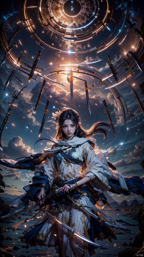  1 girl, solo, white long hair, female focus: strengthening, (Full Body: 1.2), (Floating Swords * 100), 100 Floating Swords, lens light, Shadow of the Swords (Blade Storm: 1.2), circular waves, Night, cliffs, starry sky, clouds, mountains and rivers, ambient samples, Starry Night, Absorption, Incremental Absorption, Beyond Reality, (Masterpiece) ECE, (Very Detailed CGUnit 8K Wallpaper), Best Quality, High Resolution Illustrations,