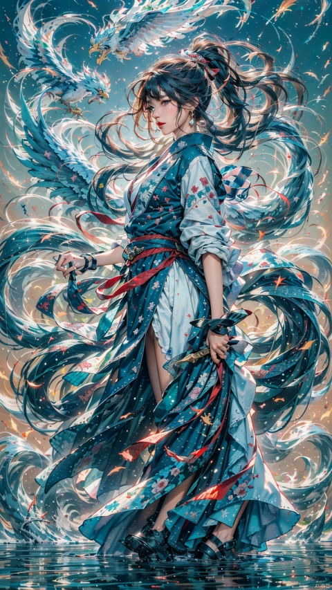  (Heading up) (Positive Light) Female Focus, Lightness Skill, Imperial Sword (Straight Sword) (Giant Phoenix Projection)
Red lips, bangs, earrings, kimono, Chinese cardigan, print, tassels
Cloud and mist whirlwind, shrouded in clouds and mist, ethereal aura drifting, Chinese architecture, Taoist runes, Daofa Rune