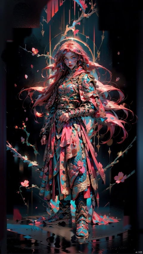  1 Girl, Blue Eyes, Pink Long Hair, Pink Armor, Chinese Armor, Pink Shawl, Athletic Pose, Night, Outdoors, Web Digital Lighting, Neon Lights, Web Colors, Cherry Blossoms, Petals, Reflective Floor, Splash, Ripples.