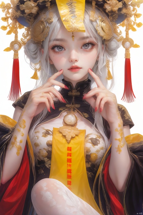 1girl, solo, long hair, breasts, looking at viewer, bangs, hair ornament, thighhighs, hat, white background, dress, jewelry, sitting, yellow eyes, white hair, short sleeves, parted lips, wide sleeves, nail polish, white thighhighs, fingernails, makeup, fangs, chinese clothes, tassel, red nails, hair rings, ofuda, red lips, jiangshi
