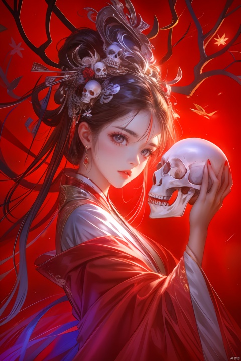1girl, solo, long hair, looking at viewer, brown hair, black hair, hair ornament, red eyes, long sleeves, holding, jewelry, closed mouth, upper body, earrings, hand up, from side, looking to the side, makeup, mask, chinese clothes, red background, skull, red lips, hair stick, red theme, holding mask, holding skull