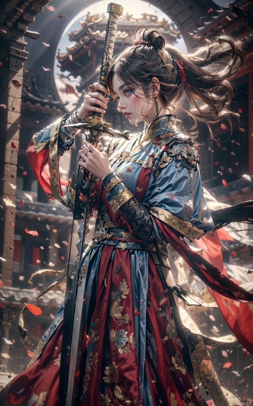  1 girl, blue eyes, red long hair, red armor, Chinese armor, red shawl, sporty posture, holding sword handle, long sword, blade reflective, Chinese style ancient building, standing on the roof, night, moon, moonlight, outdoor, falling leaves, rain, floating water droplets, splashing, rippling.

(Masterpiece), (Very Detailed CGUnit 8K Wallpaper), Best Quality, High Resolution Illustrations, Stunning, Highlights, (Best Lighting, Best Shadows, A Very Delicate And Beautiful), (Enhanced)..., long, Yu Jian Jue, Chinese style, Word Formation, Sorting through the clouds and miss.