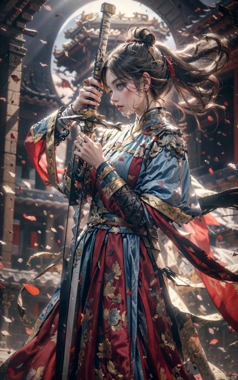 1 girl, blue eyes, red long hair, red armor, Chinese armor, red shawl, sporty posture, holding sword handle, long sword, blade reflective, Chinese style ancient building, standing on the roof, night, moon, moonlight, outdoor, falling leaves, rain, floating water droplets, splashing, rippling.

(Masterpiece), (Very Detailed CGUnit 8K Wallpaper), Best Quality, High Resolution Illustrations, Stunning, Highlights, (Best Lighting, Best Shadows, A Very Delicate And Beautiful), (Enhanced)..., long, Yu Jian Jue, Chinese style, Word Formation, Sorting through the clouds and miss.